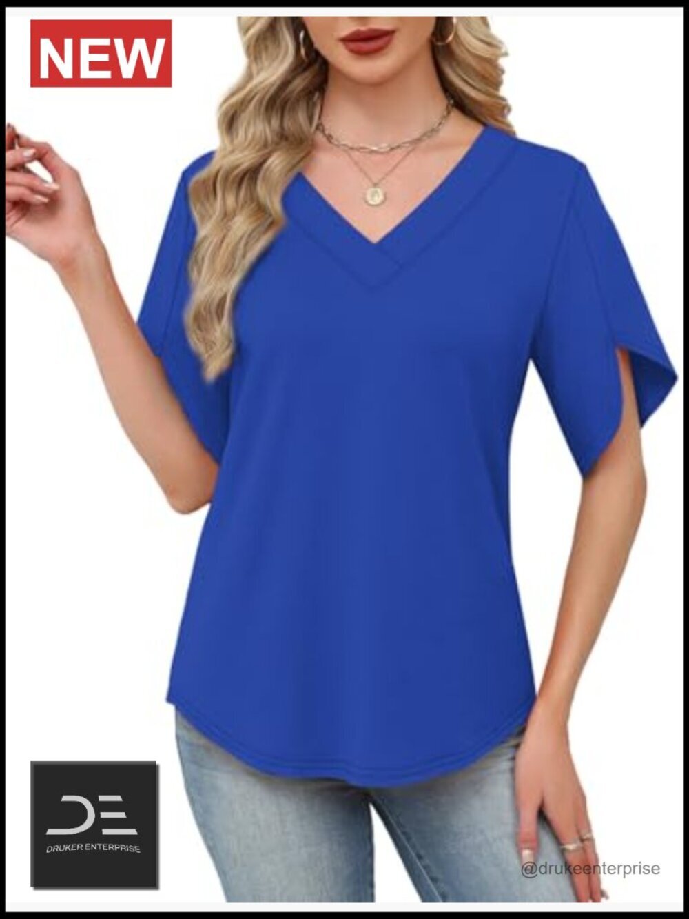V-Neck Short Petal Sleeve T-Shirt Blouse Loose Fit Summer Top - Picture 3 of 6
